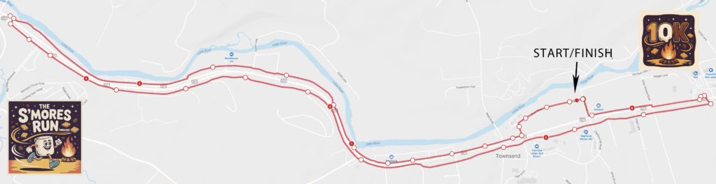 Townsend S'mores Run 10K course map along the Greenbelt, starting and finishing at Townsend Abbey