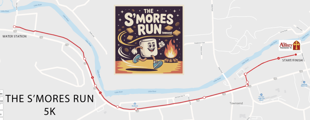 Townsend S'mores Run 5K course map along the Greenbelt, starting and finishing at Townsend Abbey