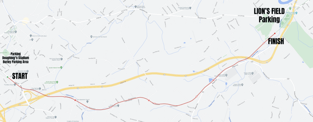 Course map of the Tweetsie Trail: start at the trailhead in Johnson City, finish at Lions Field, with Doughboy Stadium and Burley parking marked
